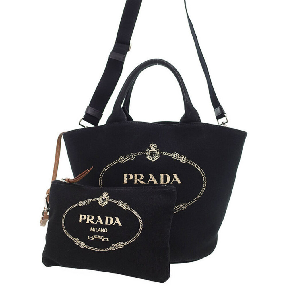 Prada canvas Logo 2way Shopping Convertible Black Tote Canapa - Picture 2 of 9